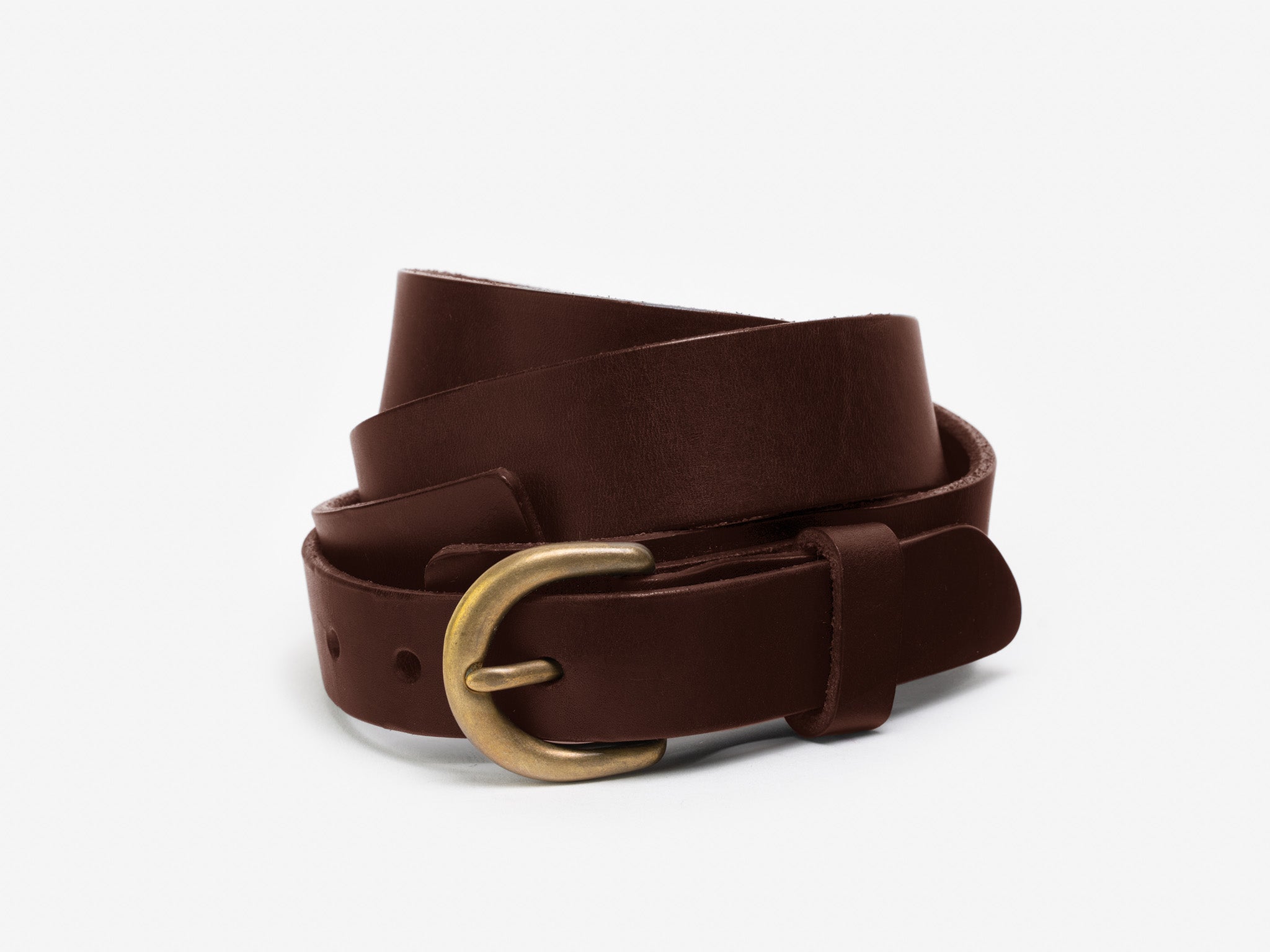 A coiled brown leather belt with a brass-colored metal buckle, displayed on a plain white background.