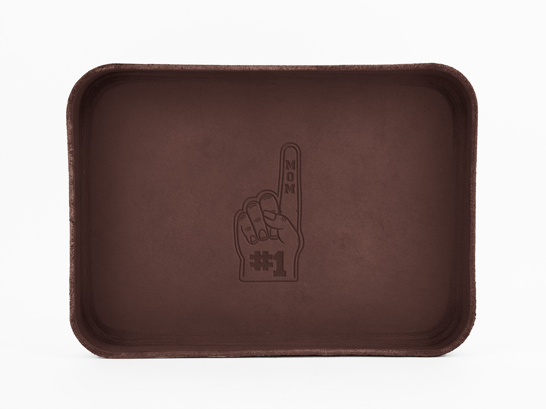 A rectangular brown tray with an illustration of a foam finger in the center, labeled #1 MOM.