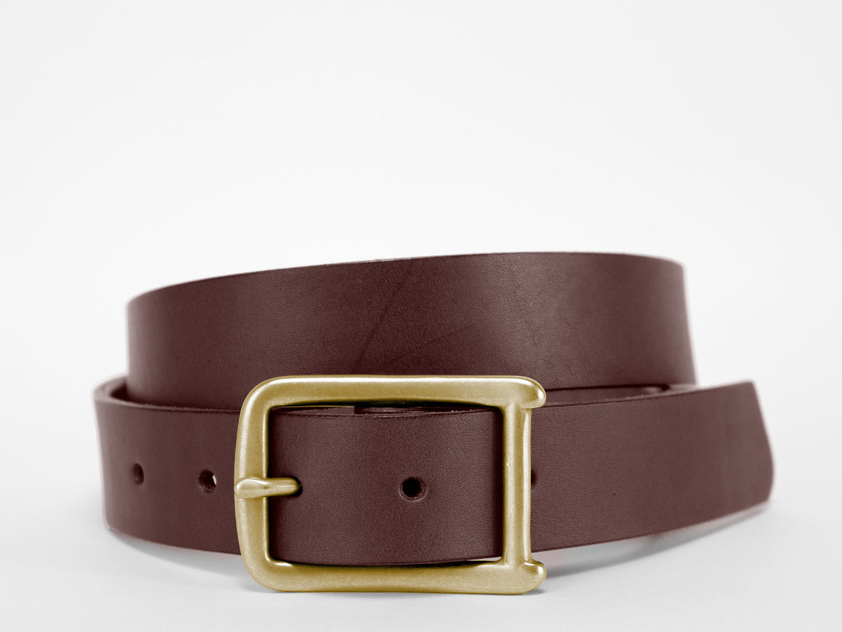 A brown leather belt with a gold rectangular buckle is coiled neatly against a plain white background.