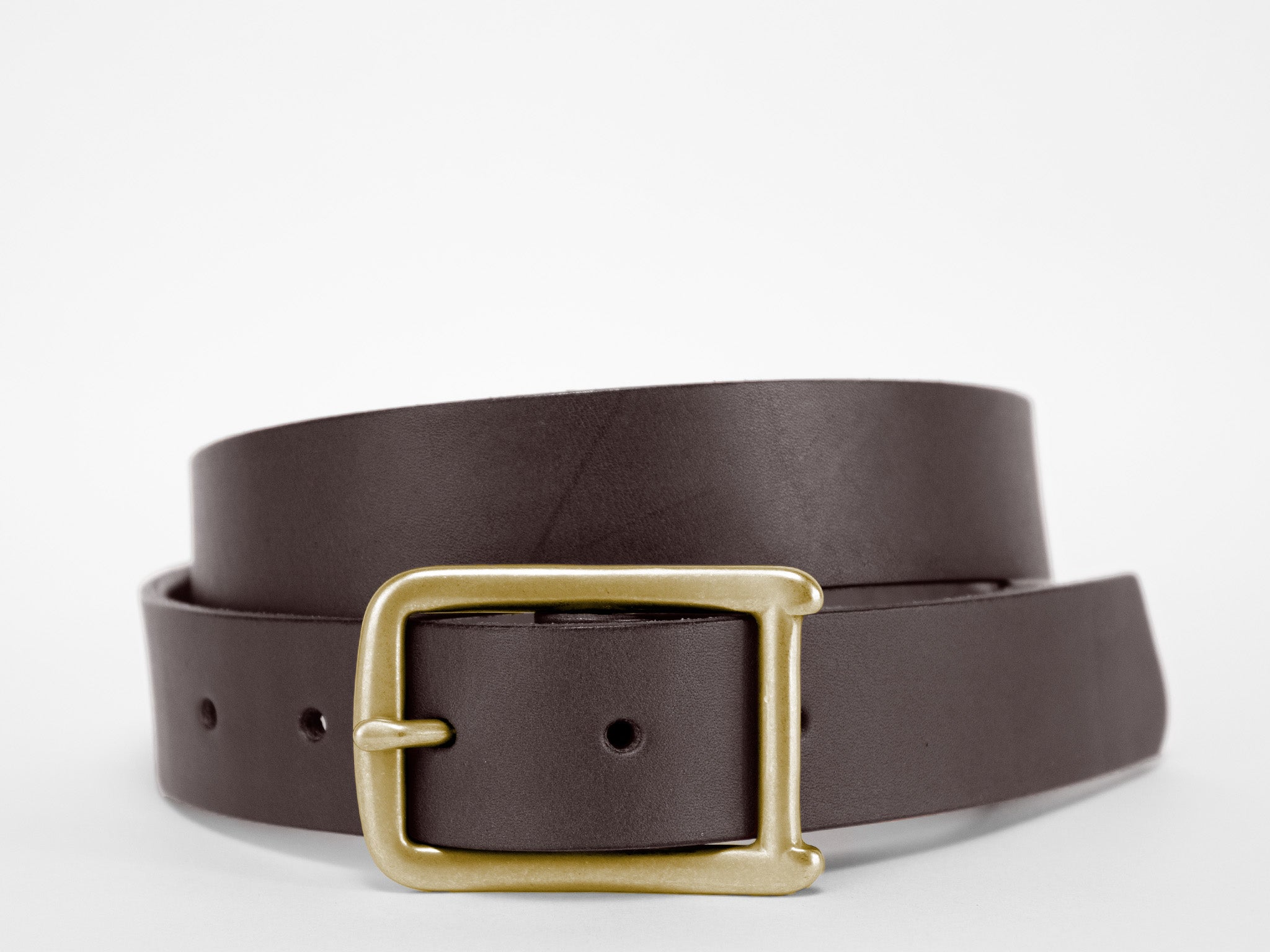 A coiled dark brown leather belt with a rectangular gold buckle, displayed against a plain white background.