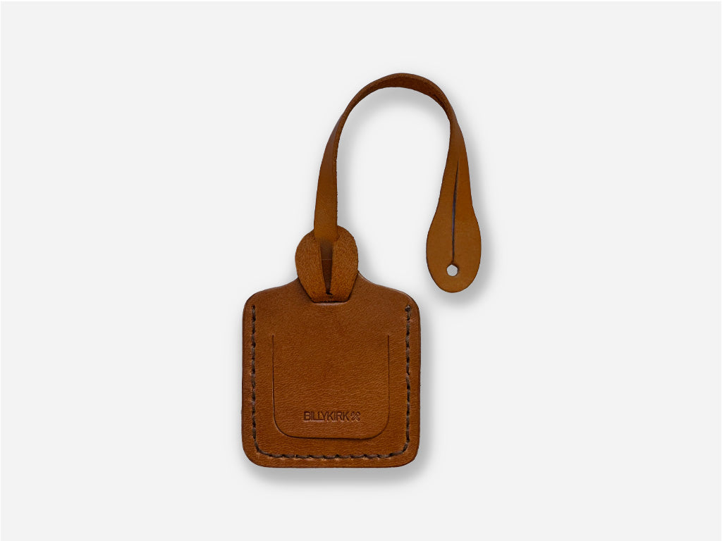 Brown leather luggage tag on a white background
