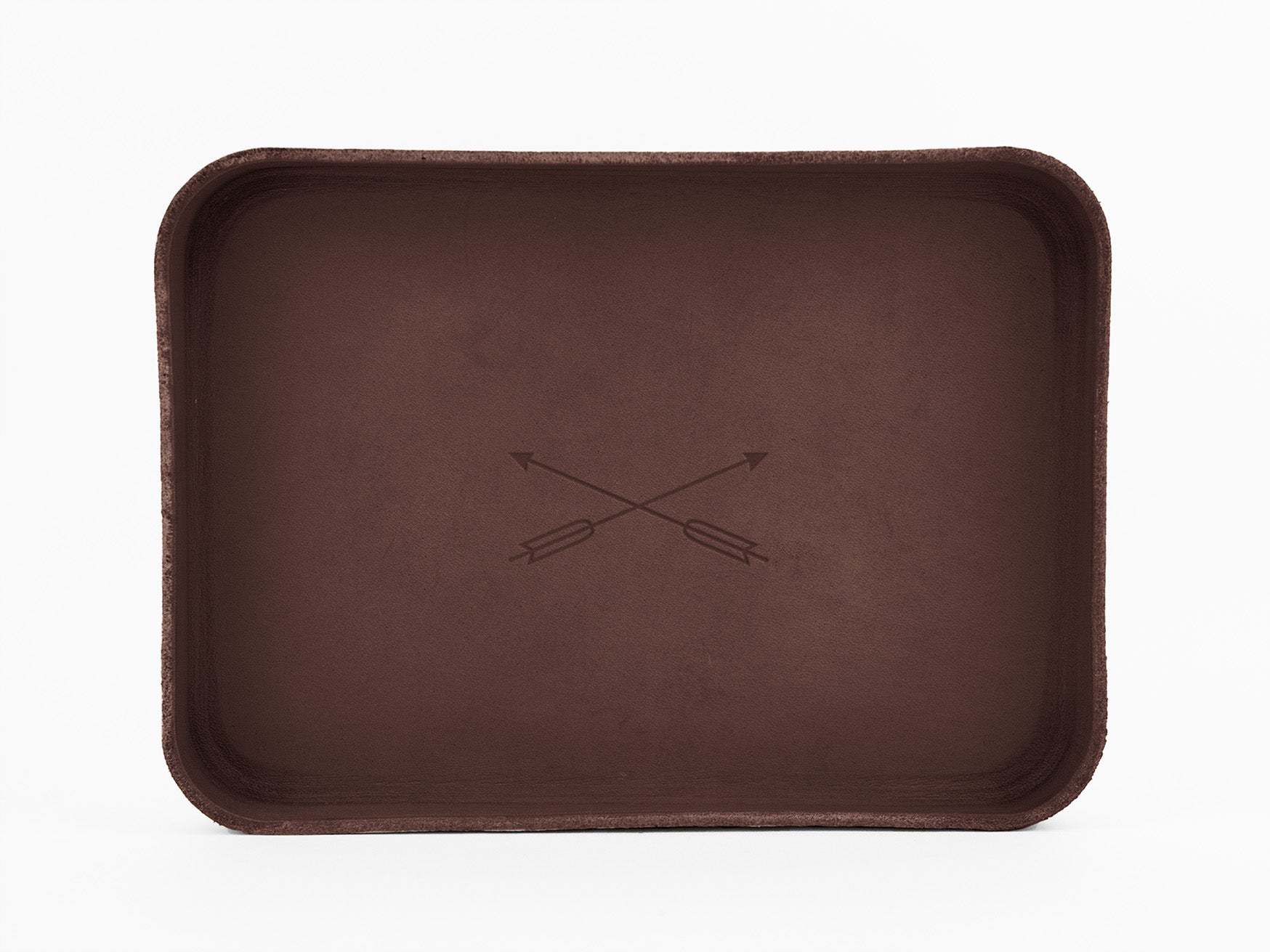 A rectangular, brown tray with slightly rounded edges and two crossed arrows in the center, displayed against a plain white background.