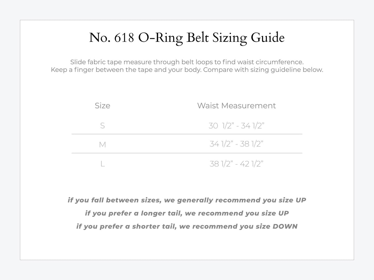 A sizing guide for O-ring belts showing sizes S, M, and L with corresponding waist measurements. Instructions suggest sizing up or down based on tail length preference and how sizes fit.
