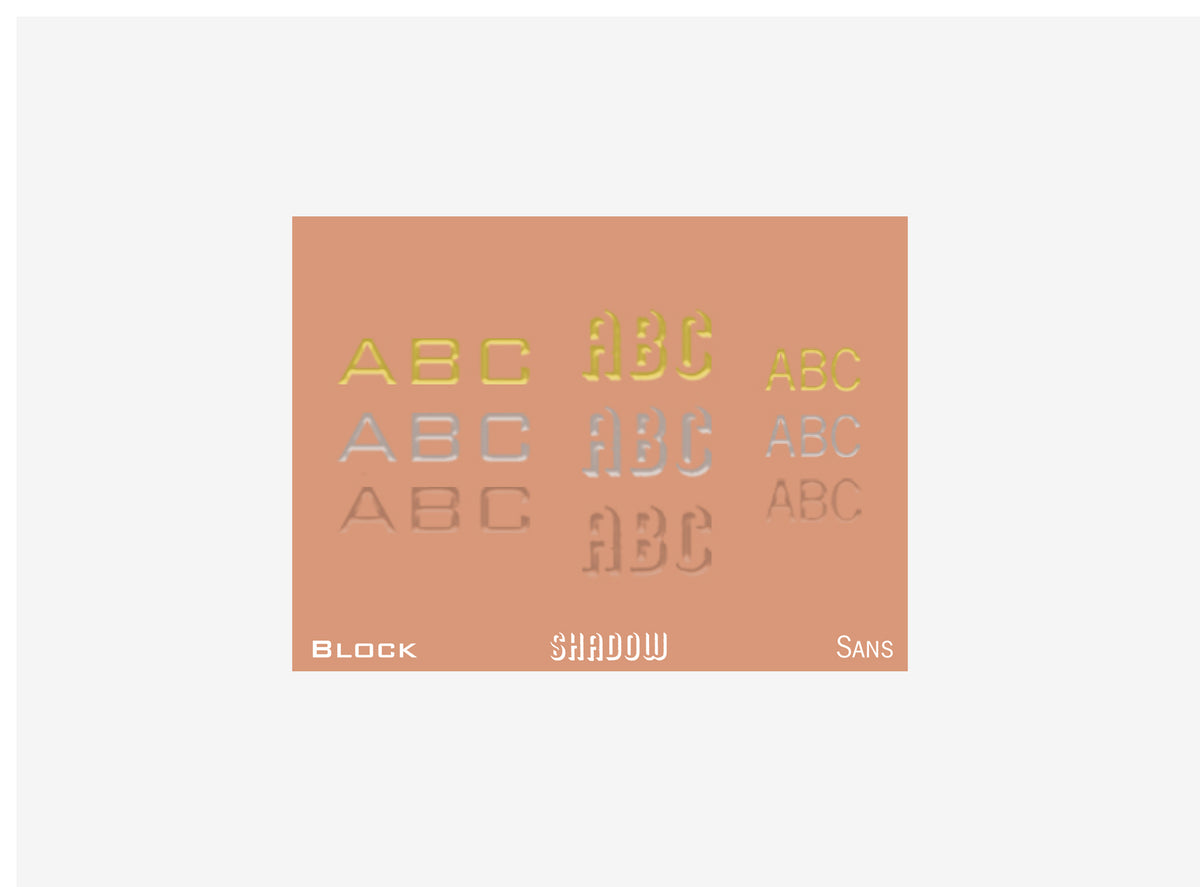 Comparison of 'Block', 'Shadow', and 'Sans' text styles on a peach background.