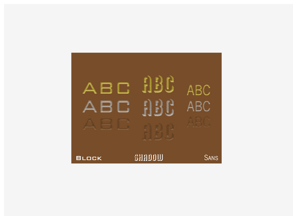 Text display of 'ABC' in different styles on a brown background