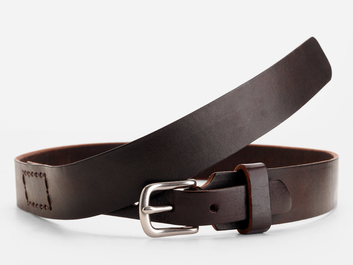 A dark brown leather belt with a silver buckle, coiled in a loose loop on a white background. The belt features visible stitching near the end.