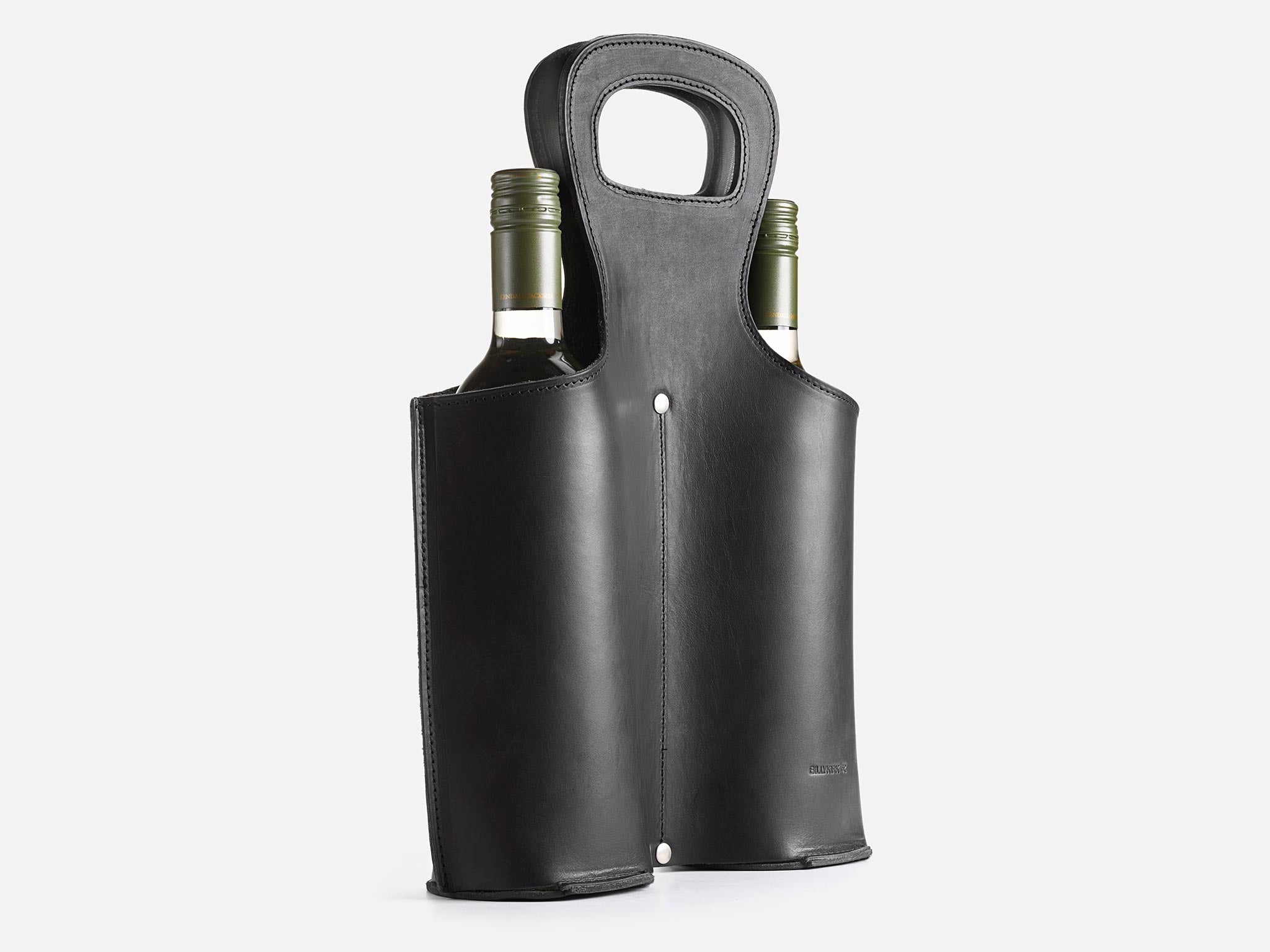 A black leather double wine bottle holder with a handle at the top, containing two wine bottles, shown against a plain white background.