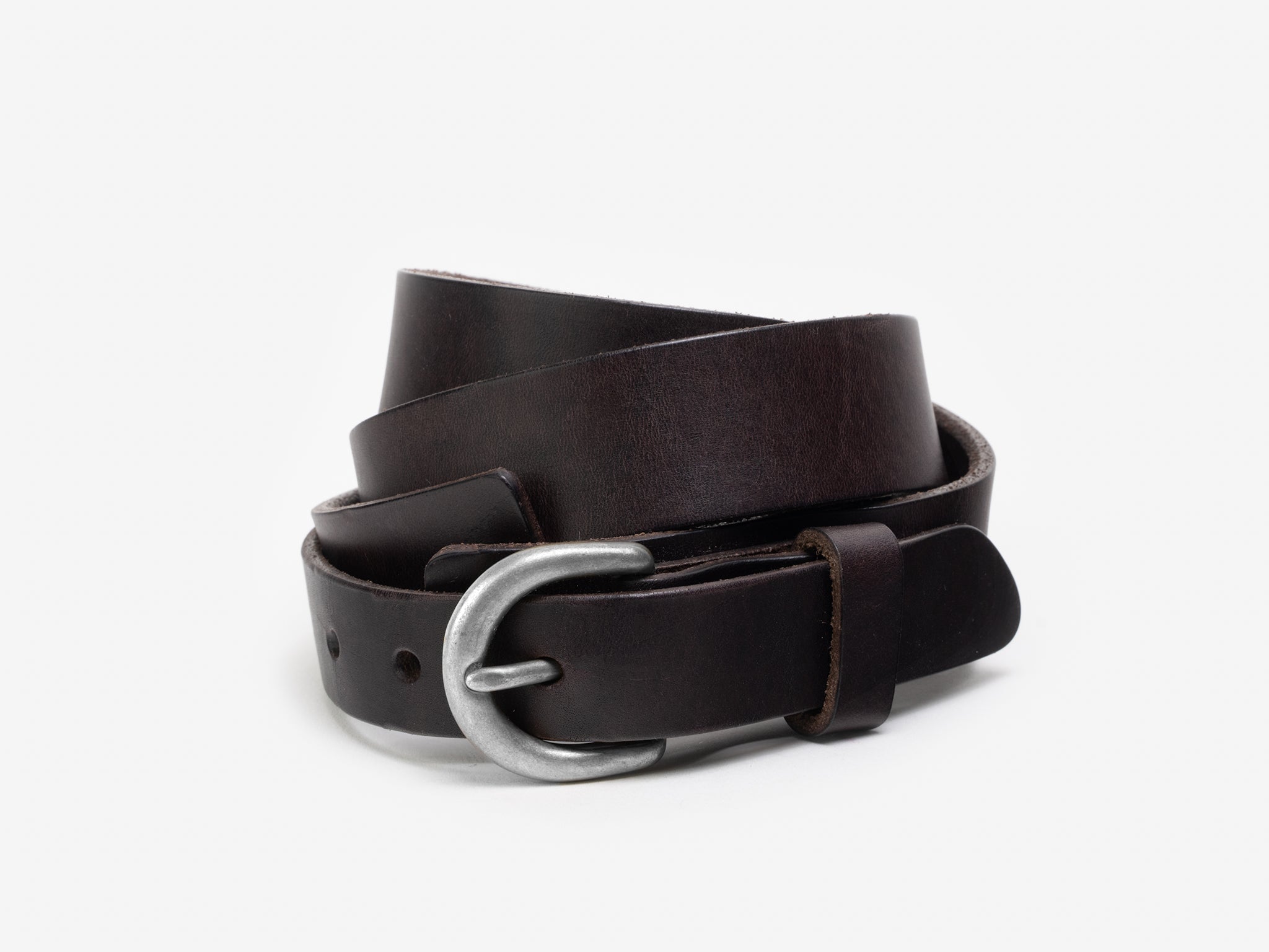 A coiled dark brown leather belt with a silver metal buckle, displayed on a white background.