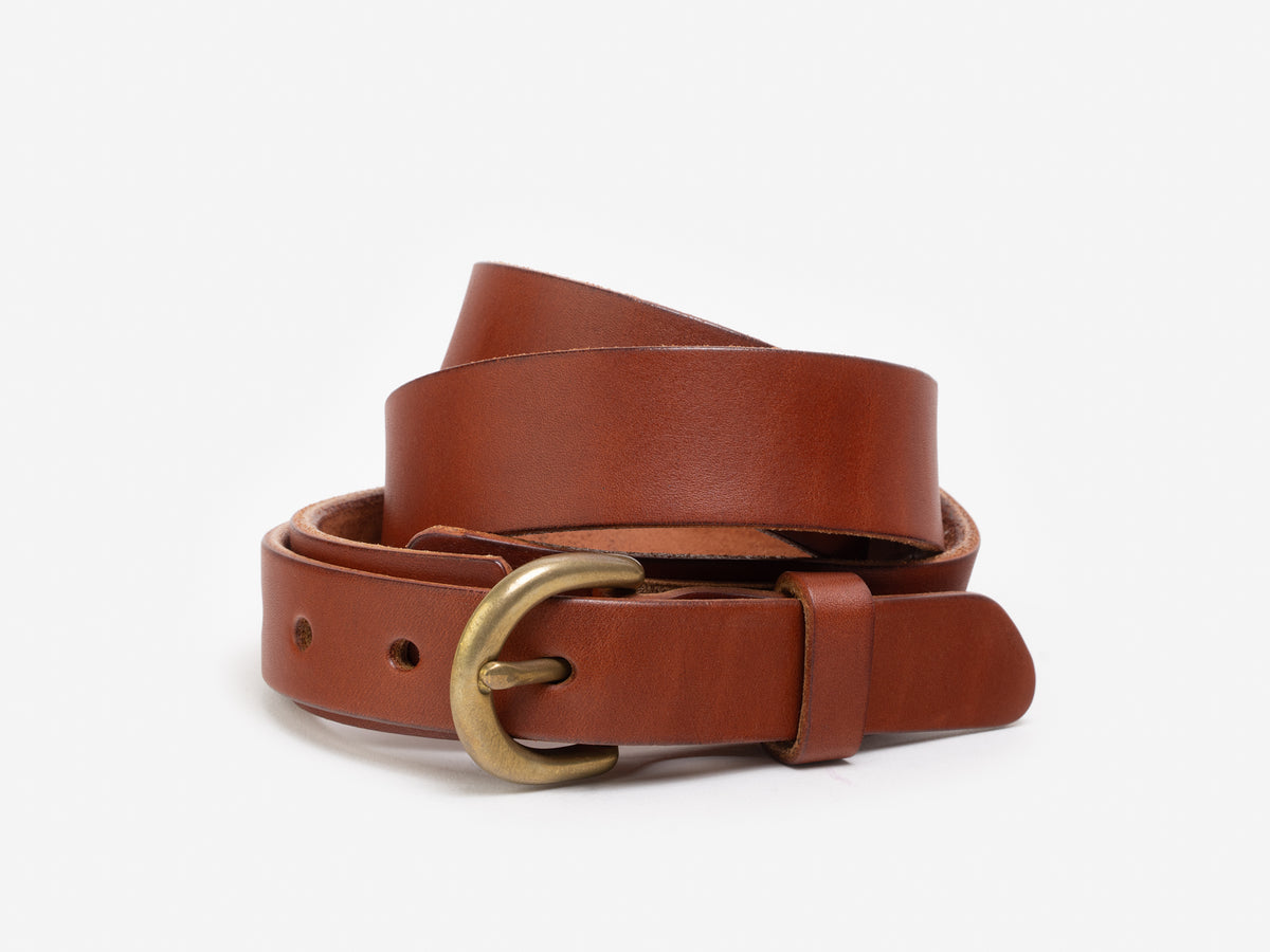 A coiled brown leather belt with a brass buckle displayed on a plain white background.