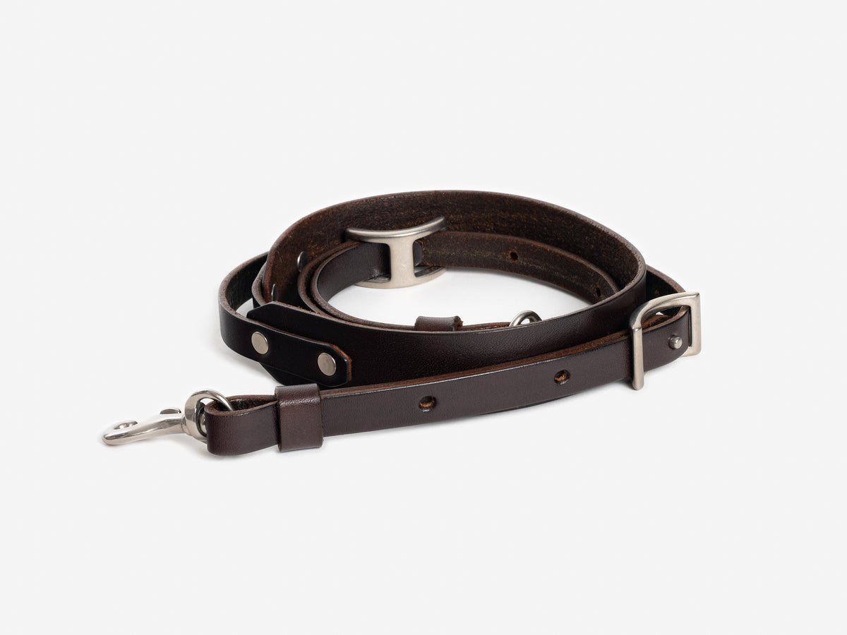 A coiled dark brown leather dog leash with silver metal hardware, including a clasp, buckle, and D-ring, displayed on a white background.