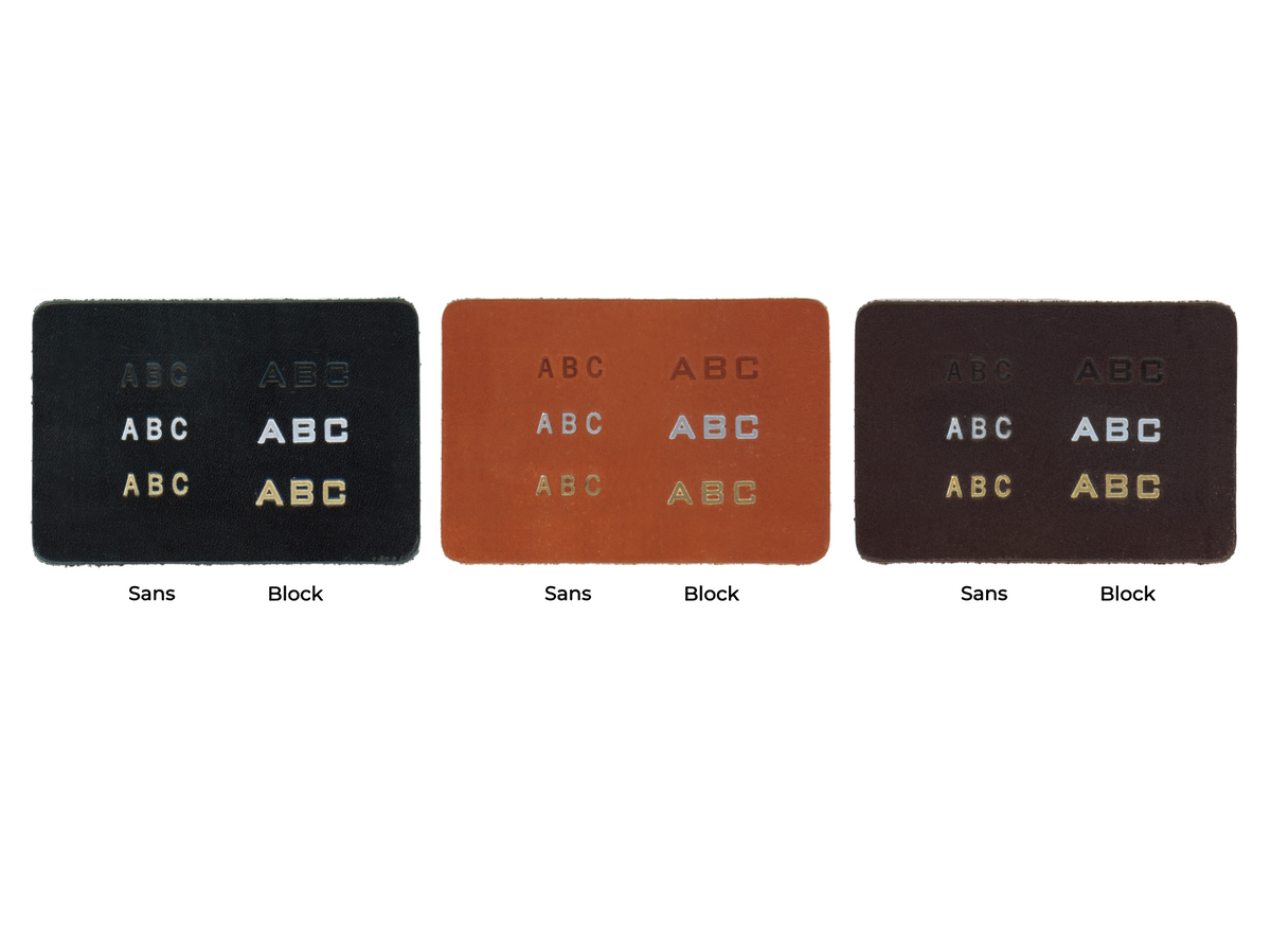 Three fabric swatches in black, brown, and dark brown display embroidered ABC in sans and block fonts, with variations in thread color. Each swatch is labeled Sans and Block below the embroidered text.